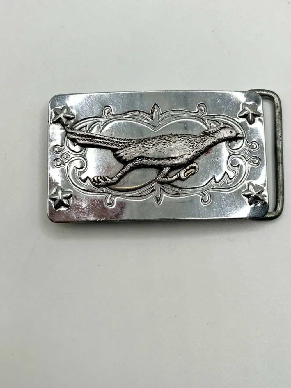 VTG Roadrunner Western Belt Buckle Silver Tone Southwestern Cowboy Rustic 70s